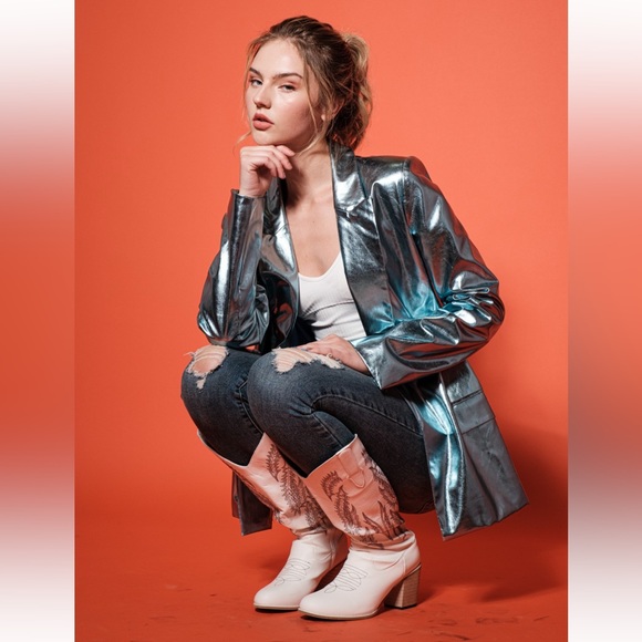 18 Metallic Faux Leather Chic  Open Blazer Jacket - Picture 2 of 6